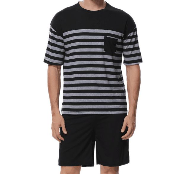 Sleepwear Fashion Pajamas 2021 Summer Men's Home Wear Stripe Splicing Contrast Short Sleeve Shorts Suit, Black stripes
Sleepwear Fashion Pajamas 2021 Summer Men's Home Wear Stripe Splicing Contrast Short Sleeve Shorts Suit, Black stripes