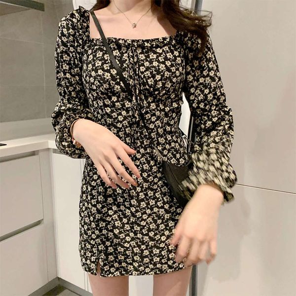 square neck floral dress women's new style of 2021 spring korean style, Black;gray
square neck floral dress women's new style of 2021 spring korean style, Black;gray