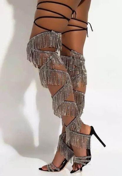luxury bling crystal fringe high heel sandals lace-up rhinestone tassels boots gladiator heels banquet dress shoes, Black
luxury bling crystal fringe high heel sandals lace-up rhinestone tassels boots gladiator heels banquet dress shoes, Black