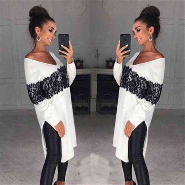 long style ladies women long sleeve casual sweater asymmetric loose lace patchwork pullovers, White;black
long style ladies women long sleeve casual sweater asymmetric loose lace patchwork pullovers, White;black