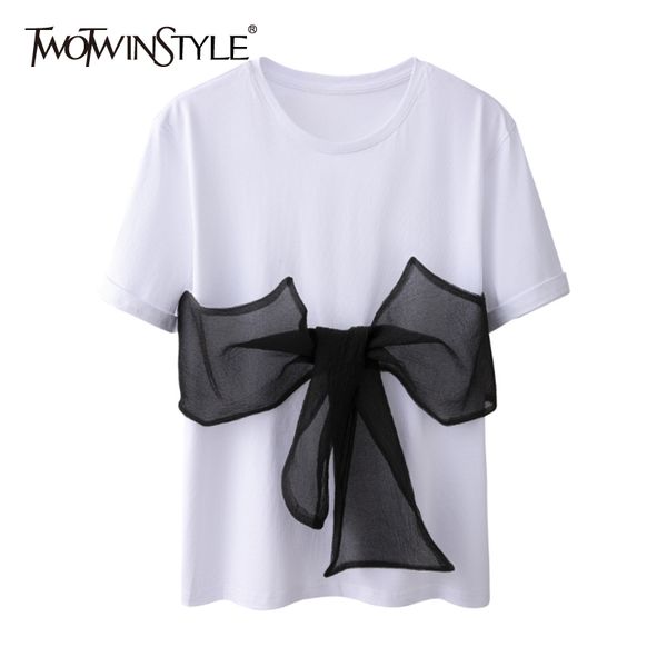 twowinsyle white casual patchwork bowknot shirt for women o neck short sleeve korean loose shirts female summer style 210524
twowinsyle white casual patchwork bowknot shirt for women o neck short sleeve korean loose shirts female summer style 210524