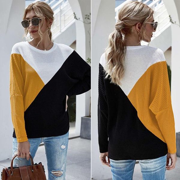women t-shirt plicing color collision lady waffle style contrast loose long sleeve shirt women's, White
women t-shirt plicing color collision lady waffle style contrast loose long sleeve shirt women's, White