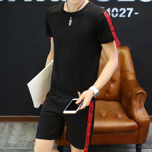 w00092021 new fashion t-shirt short sleeve red stripe color contrast men's upper garment set 5-cent pants two piece set, Gray
w00092021 new fashion t-shirt short sleeve red stripe color contrast men's upper garment set 5-cent pants two piece set, Gray