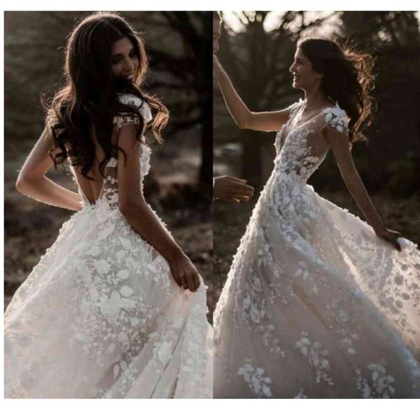 romantic lace bohemian wedding dresses 2021 boho open back lace tulle a line bridal gowns 3d applique robe vestido de noiva, White 
romantic lace bohemian wedding dresses 2021 boho open back lace tulle a line bridal gowns 3d applique robe vestido de noiva, White