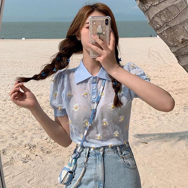 women's t-shirt lady collar puff short sleeve knitted harajuku chic streetwear women blue sweet 3d floral knit t shirt 2021 summer, White
women's t-shirt lady collar puff short sleeve knitted harajuku chic streetwear women blue sweet 3d floral knit t shirt 2021 summer, White