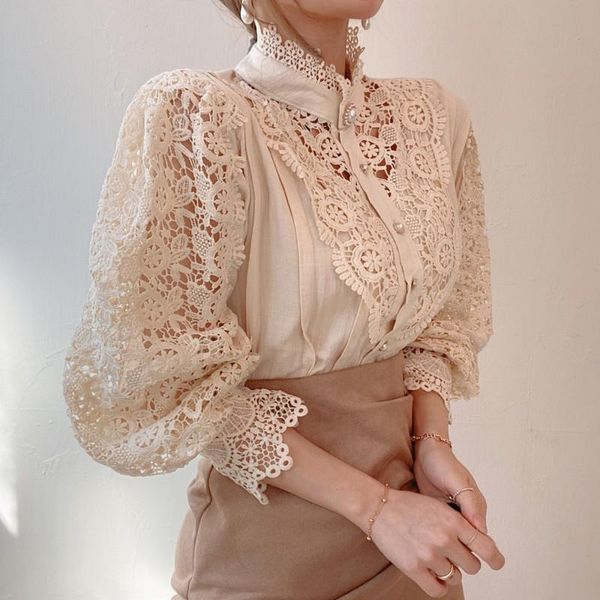 women's blouses & shirts petal sleeve stand collar hollow out flower lace patchwork shirt femme blusas all-match women blouse chic butt, White
women's blouses & shirts petal sleeve stand collar hollow out flower lace patchwork shirt femme blusas all-match women blouse chic butt, White