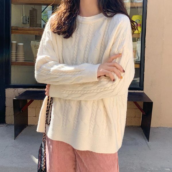 women's sweaters white twist pullover sweater loose wear 2021 winter lazy knit top, White;black
women's sweaters white twist pullover sweater loose wear 2021 winter lazy knit top, White;black