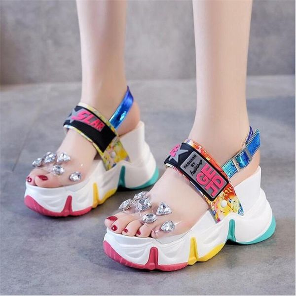 summer women wedge sandals 2021 bling transparent pvc crystal chunky platform shoes woman rainbow thick bottom sandalias, Black 
summer women wedge sandals 2021 bling transparent pvc crystal chunky platform shoes woman rainbow thick bottom sandalias, Black