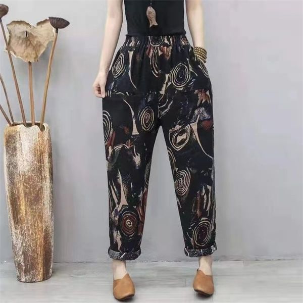 summer korean style women loose casual elastic waist ankle-length pants vintga print cotton linen harem w206 210512, Black;white
summer korean style women loose casual elastic waist ankle-length pants vintga print cotton linen harem w206 210512, Black;white