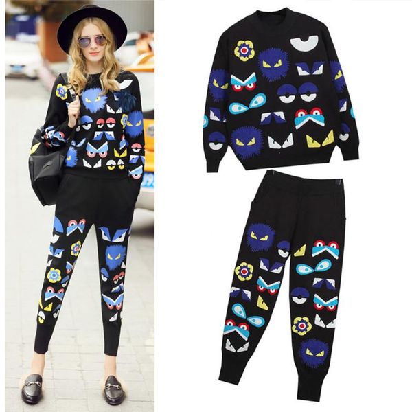 women's two piece pants brand runway knitted embroidered suit women cartoon eyes fashion sweater casual ns550, White
women's two piece pants brand runway knitted embroidered suit women cartoon eyes fashion sweater casual ns550, White