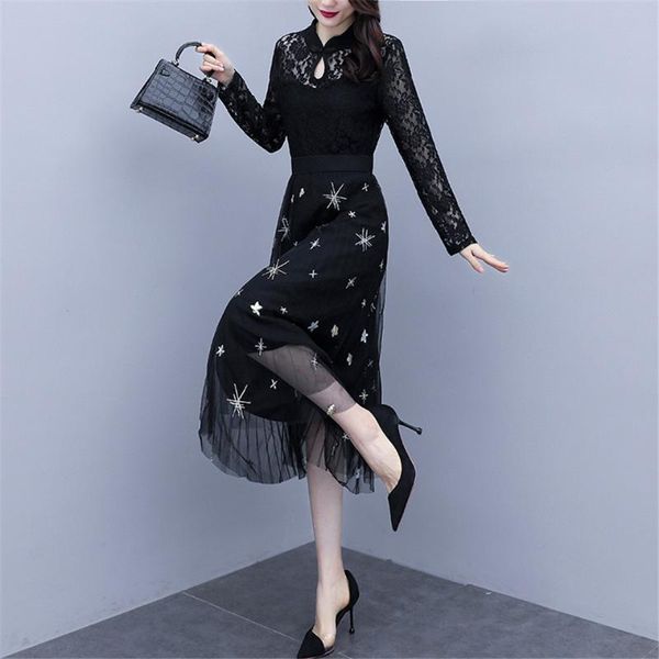 casual dresses autumn winter embroidery splice dress women fashion long sleeve elegant party vestidos, Black;gray
casual dresses autumn winter embroidery splice dress women fashion long sleeve elegant party vestidos, Black;gray