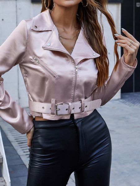 zip up belted satin moto jacket 13qh#, Black;brown
zip up belted satin moto jacket 13qh#, Black;brown