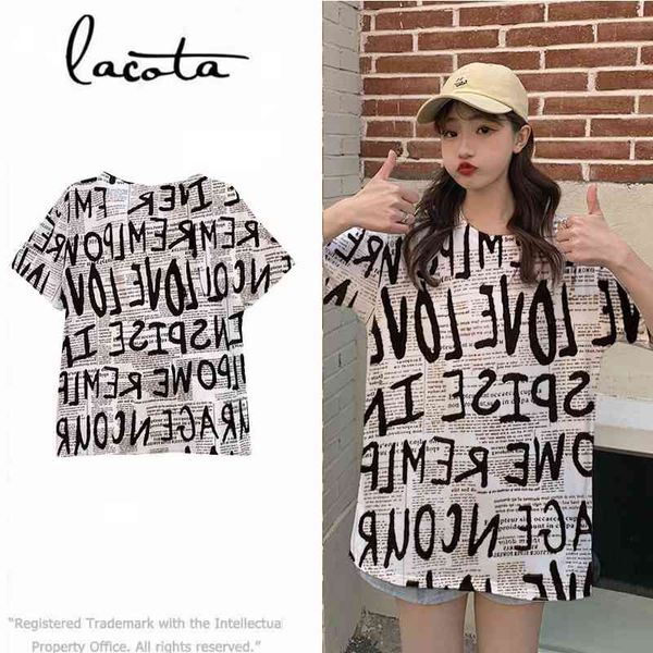 2021 summer korean large print pullover short sleeve t-shirt women's wear, White;black
2021 summer korean large print pullover short sleeve t-shirt women's wear, White;black