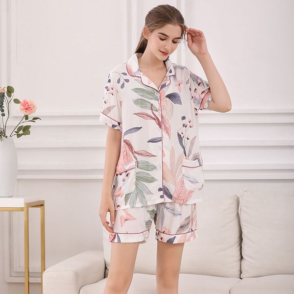 2pcs pajamas set women simple style sleepwear 2021 summer new floral printed turn-down collar shorts comfort homewear set, Black;red