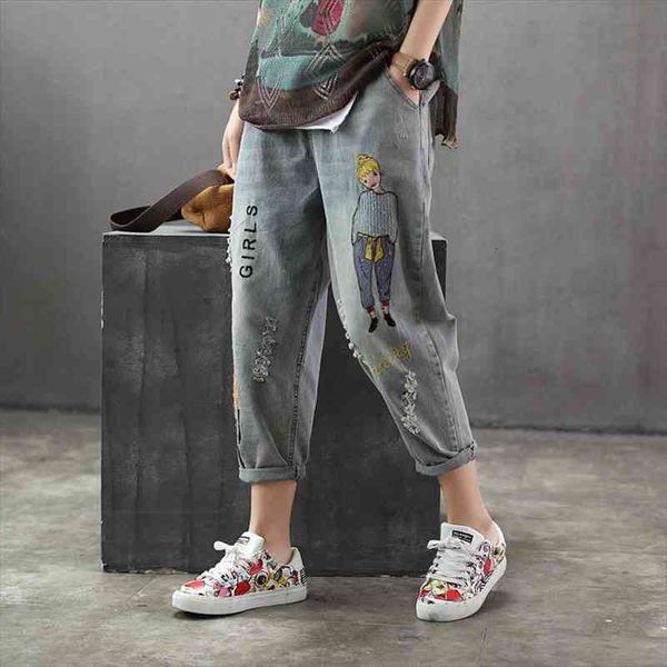 korea fashion spring women jeans cartoon embroidery loose denim harem pants elastic waist vintage hole calf-length pants d115, Blue
korea fashion spring women jeans cartoon embroidery loose denim harem pants elastic waist vintage hole calf-length pants d115, Blue