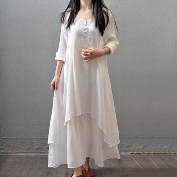 casual dresses women long cotton linen dress whit buttons decor false two pieces baggy large hem v-neck solid sleeve retro, Black;gray
casual dresses women long cotton linen dress whit buttons decor false two pieces baggy large hem v-neck solid sleeve retro, Black;gray