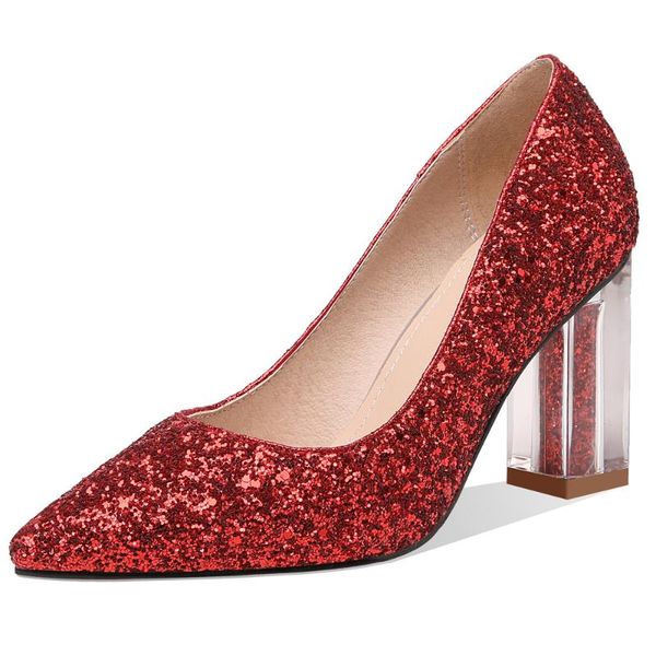women pointed toe chunk heel glitter leather wedding shoes high pumps party court for dress, Black
women pointed toe chunk heel glitter leather wedding shoes high pumps party court for dress, Black