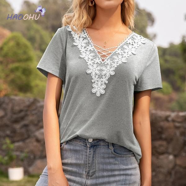 women's t-shirt haoohu shirts for summer oversized spring and deep v-neck hollow lace stitching top, White
women's t-shirt haoohu shirts for summer oversized spring and deep v-neck hollow lace stitching top, White