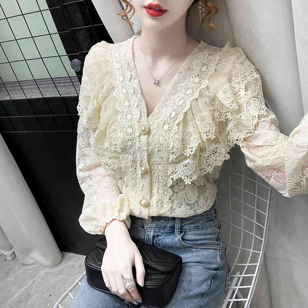 women's blouses & shirts spring v-neck bubble sleeved single breasted vintage lace retro perspective base i3zz, White
women's blouses & shirts spring v-neck bubble sleeved single breasted vintage lace retro perspective base i3zz, White