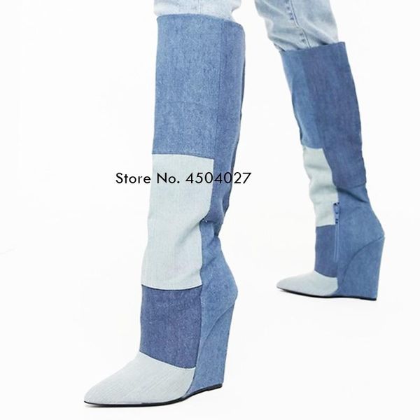 boots denim women wedge black zipper knee high heel pointed toe long female botas mujer
boots denim women wedge black zipper knee high heel pointed toe long female botas mujer