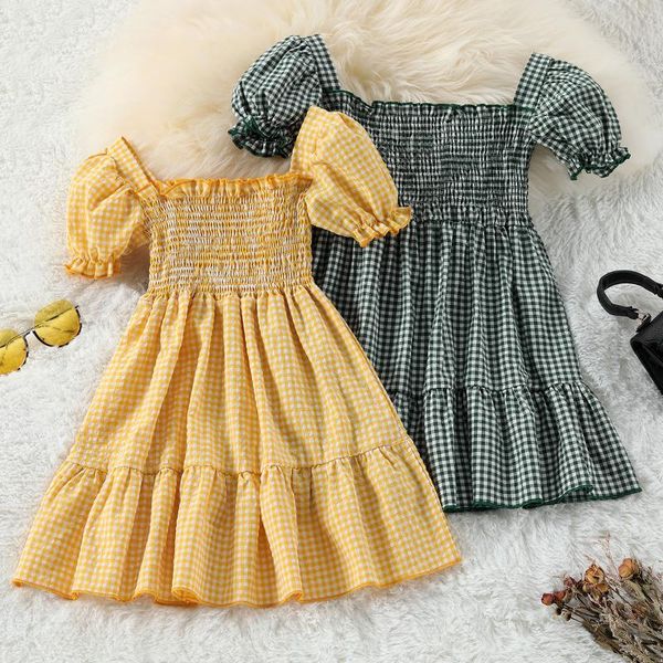 girl's dresses puff sleeve plaid dress toddler baby girl short princess summer casual kids clothes gifts, Red;yellow