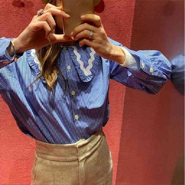 summer women's shirt casual plaid lapel long sleeve 210430, White