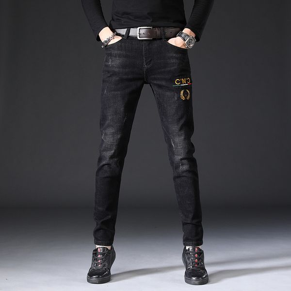 mens jeans pants in spring and summer fashion personalized tailoring embroidery korean casual slim elastic feet, Blue
mens jeans pants in spring and summer fashion personalized tailoring embroidery korean casual slim elastic feet, Blue