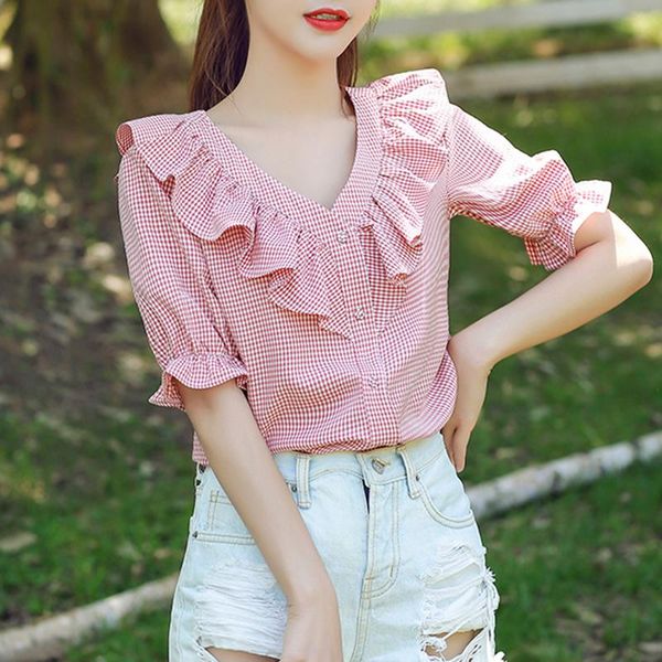 women's blouses & shirts ljsxls 2021 plaid blouse women summer fashion loose v-neck short sleeve shirt womens sweet ruffles mujer pink, White
women's blouses & shirts ljsxls 2021 plaid blouse women summer fashion loose v-neck short sleeve shirt womens sweet ruffles mujer pink, White