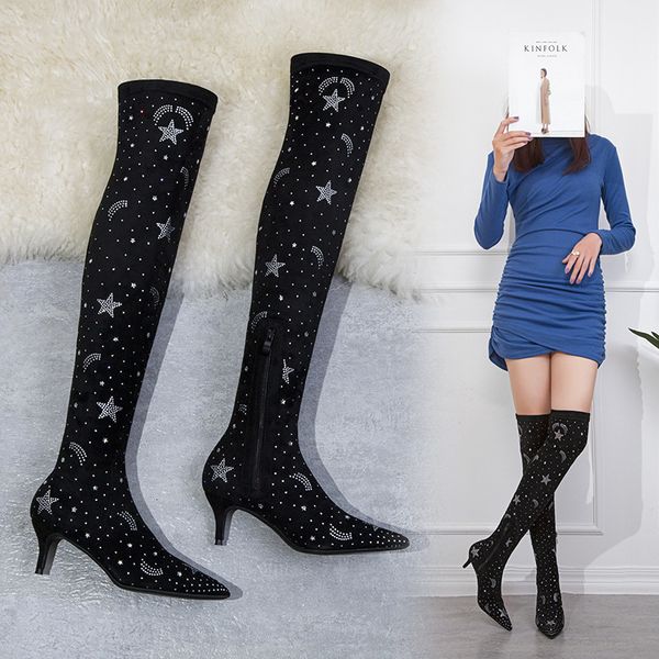 boots european and american six-inch high-heeled boots pointed strass suede show thin on stuffed knee z616, Black
boots european and american six-inch high-heeled boots pointed strass suede show thin on stuffed knee z616, Black