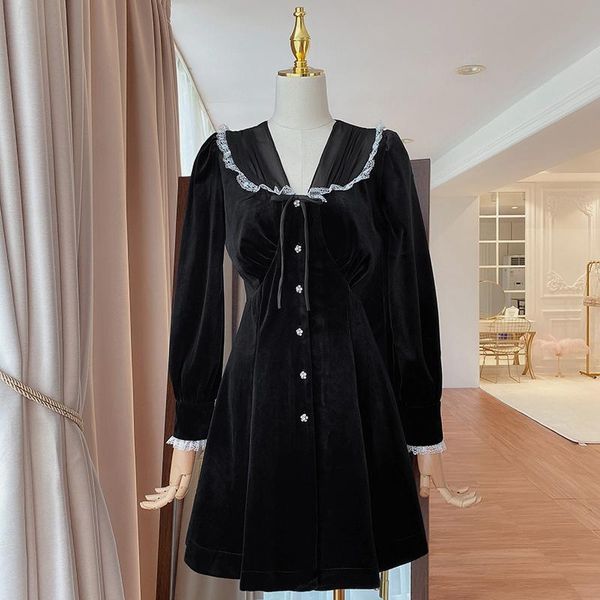 casual dresses temperament autumn lace stitching long-sleeved velvet dress 1017, Black;gray