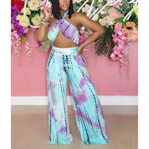 women two-piece clothes set tie-dyed printed sleeveless crop vest loose wide leg pants plus size xxl style, White 
women two-piece clothes set tie-dyed printed sleeveless crop vest loose wide leg pants plus size xxl style, White