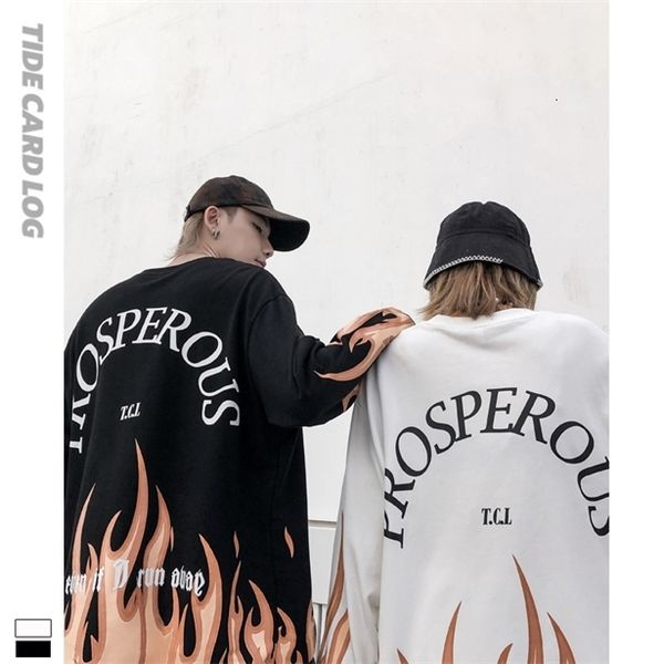 2021 tech fleeceautumn and winter new round neck pullover long sleeve loose sweater for men and women couples flame printing high street tre, Black