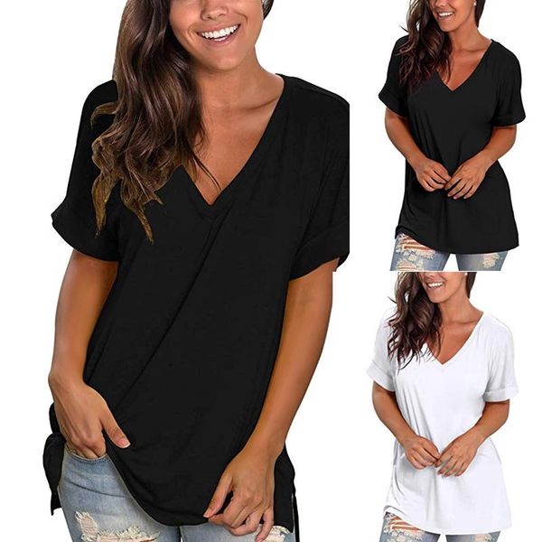 women's t-shirt women basic t shirts v-neck rolled short sleeve loose summer casual a66, White
women's t-shirt women basic t shirts v-neck rolled short sleeve loose summer casual a66, White