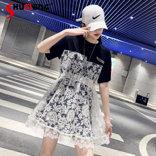 women's t-shirt 2021 summer female loose personality korean drawstring dress mid-length women fake two-piece lace stitching tees, White
women's t-shirt 2021 summer female loose personality korean drawstring dress mid-length women fake two-piece lace stitching tees, White