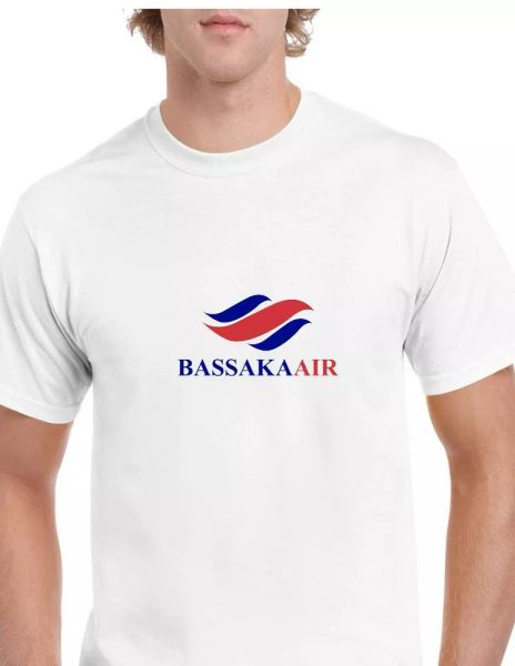 bassaka air blue red retro logo cambodian airline white cotton t-shirt, White;black 
bassaka air blue red retro logo cambodian airline white cotton t-shirt, White;black