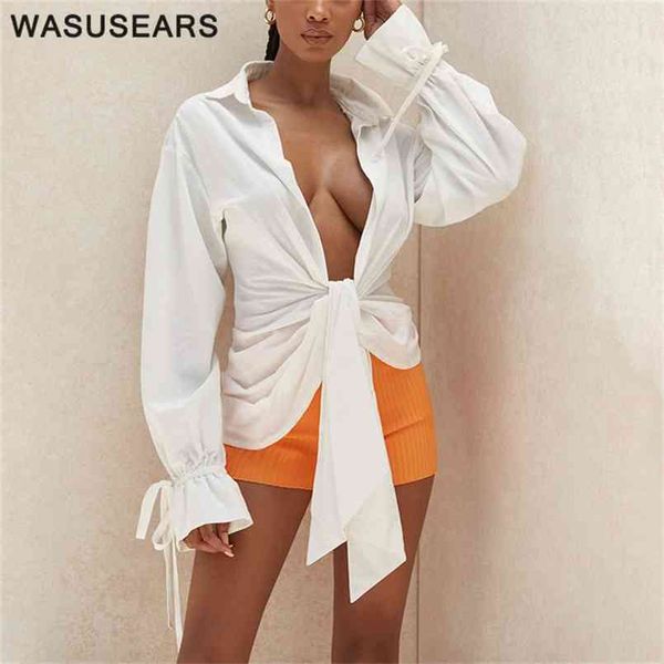 shirts for women loose v neck cardigan ladies white shirt long sleeve open stitch blouse bandage autumn fashion 210730
shirts for women loose v neck cardigan ladies white shirt long sleeve open stitch blouse bandage autumn fashion 210730