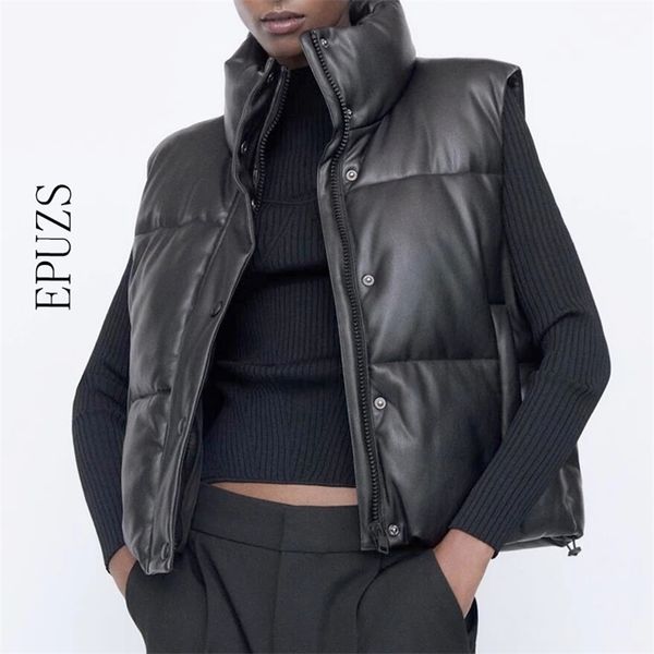 za women winter black warm faux leather vest coat casual zipper sleeveless jacket female short cotton outwear 210521
za women winter black warm faux leather vest coat casual zipper sleeveless jacket female short cotton outwear 210521