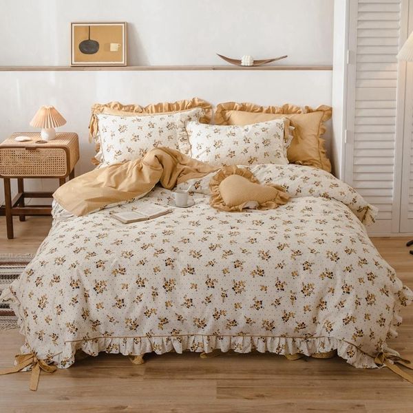 yellow floral print duvet cover with bow ties ruffles soft bed sheet set 100%cotton bedding for girls 4 pcs king size sets
yellow floral print duvet cover with bow ties ruffles soft bed sheet set 100%cotton bedding for girls 4 pcs king size sets