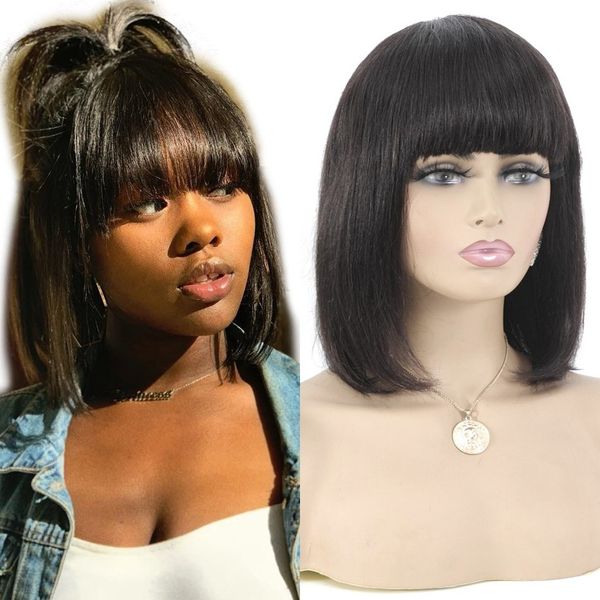 short bob wig with bangs straight brazilian remy human hair for women 150% no lace machine made wigs, Black;brown
short bob wig with bangs straight brazilian remy human hair for women 150% no lace machine made wigs, Black;brown