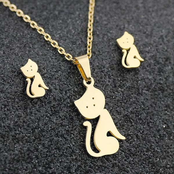 earrings & necklace 2021 fashion cute cat gold color statement jewelry for women femme stainless steel animal necklaces collar mujer, Silver
earrings & necklace 2021 fashion cute cat gold color statement jewelry for women femme stainless steel animal necklaces collar mujer, Silver