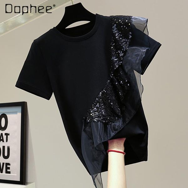 women's t-shirt 2021 summer korean style slimming irregular ruffled short sleeves sequin stitching stretch casual all-match, White
women's t-shirt 2021 summer korean style slimming irregular ruffled short sleeves sequin stitching stretch casual all-match, White