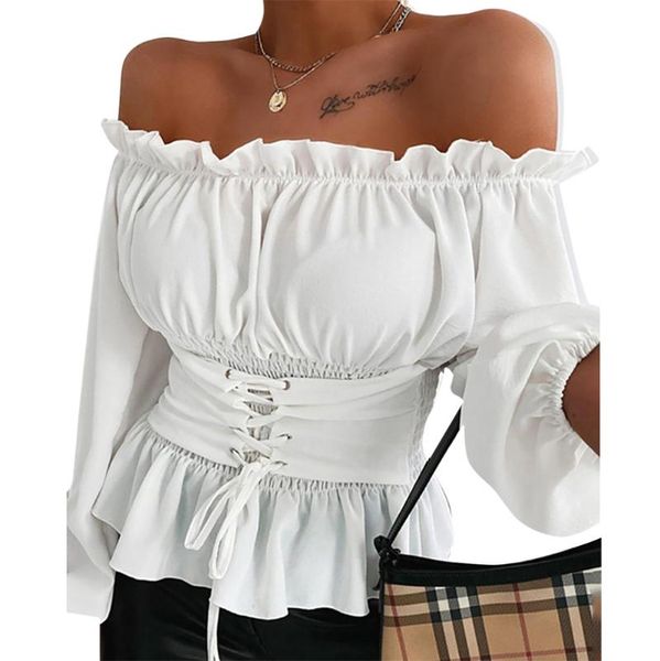 women's blouses & shirts slim slash neck fashion chiffon blouse women ruffles long sleeve off shoulder summer fit waist sashes d30, White
women's blouses & shirts slim slash neck fashion chiffon blouse women ruffles long sleeve off shoulder summer fit waist sashes d30, White