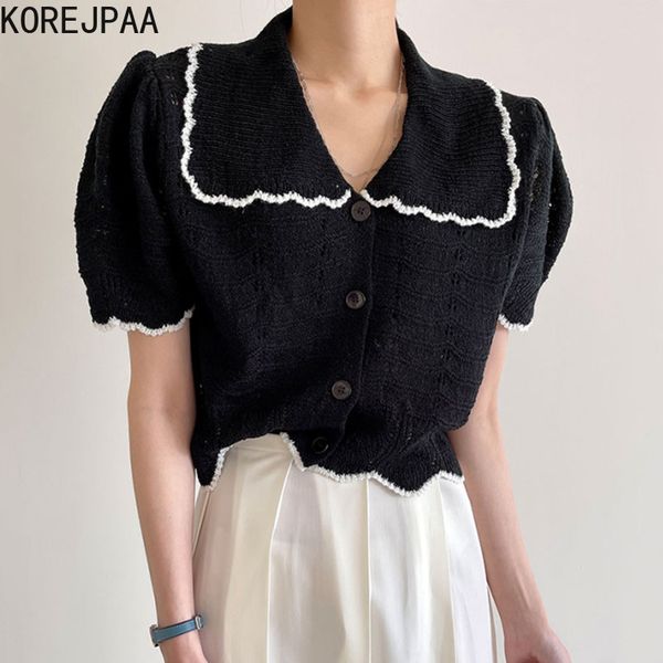women sweater summer korean chic female lapel trim single-breasted hollow irregular puff sleeve knitted cardigans 210514, White;black
women sweater summer korean chic female lapel trim single-breasted hollow irregular puff sleeve knitted cardigans 210514, White;black