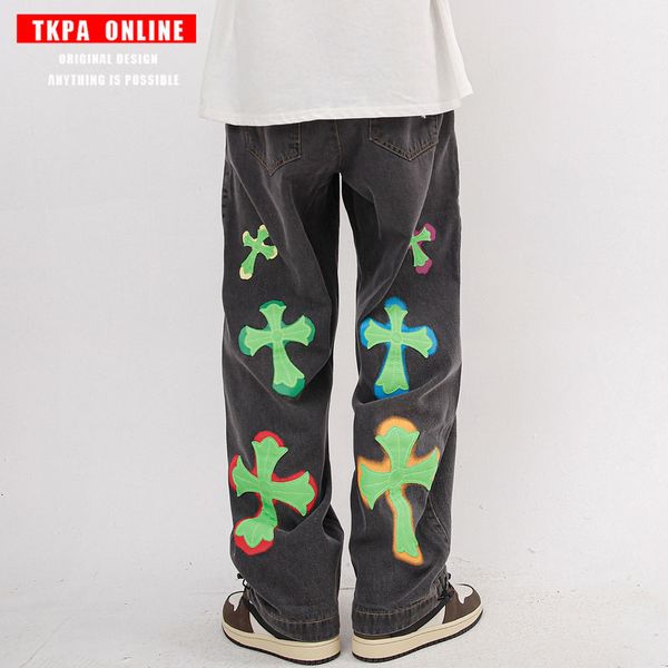 jeans tkpa high street cross graffiti print men's and women's bf wind straight tube loose wide leg pair pants, Blue
jeans tkpa high street cross graffiti print men's and women's bf wind straight tube loose wide leg pair pants, Blue