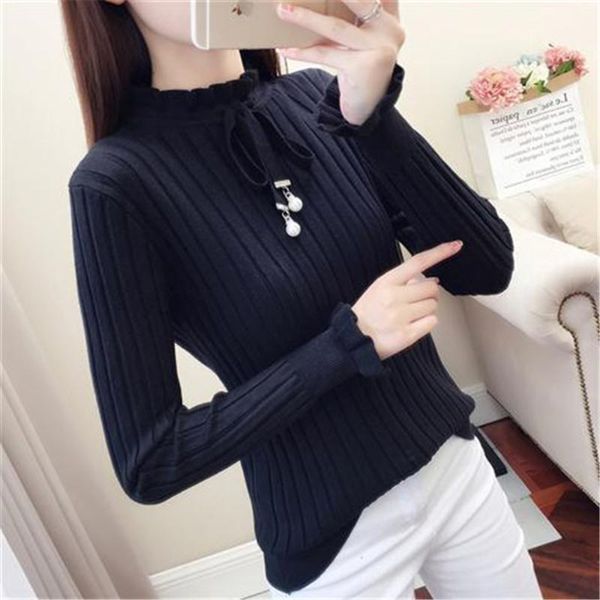 women's sweaters casual spring slim sweater winter knitted lace up flare long sleeve ruffle knitting pullover women, White;black
women's sweaters casual spring slim sweater winter knitted lace up flare long sleeve ruffle knitting pullover women, White;black