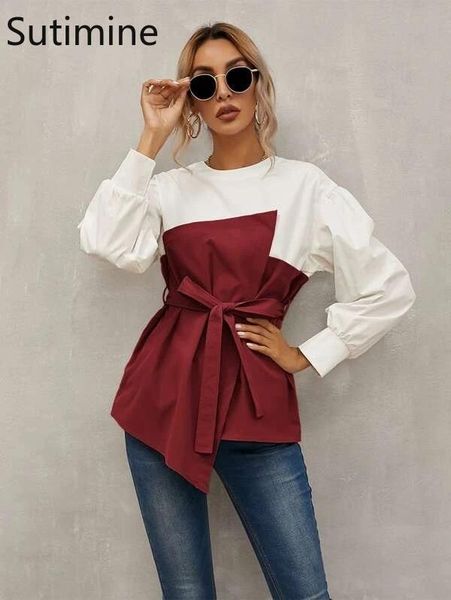 women's blouses & shirts sutimine patchwork round neck paychwork color stitching loose lantern sleeve shirt with belt, White
women's blouses & shirts sutimine patchwork round neck paychwork color stitching loose lantern sleeve shirt with belt, White