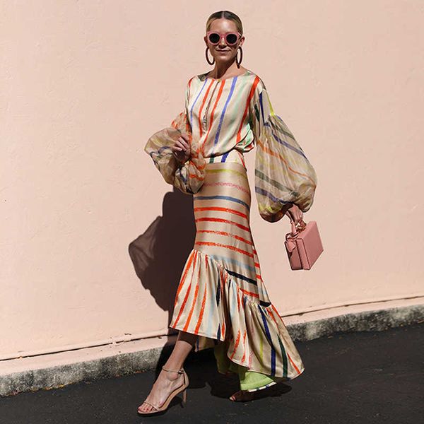 luxury evening dress women's round neck long sleeve rainbow stripe two piece set, Black;gray
luxury evening dress women's round neck long sleeve rainbow stripe two piece set, Black;gray