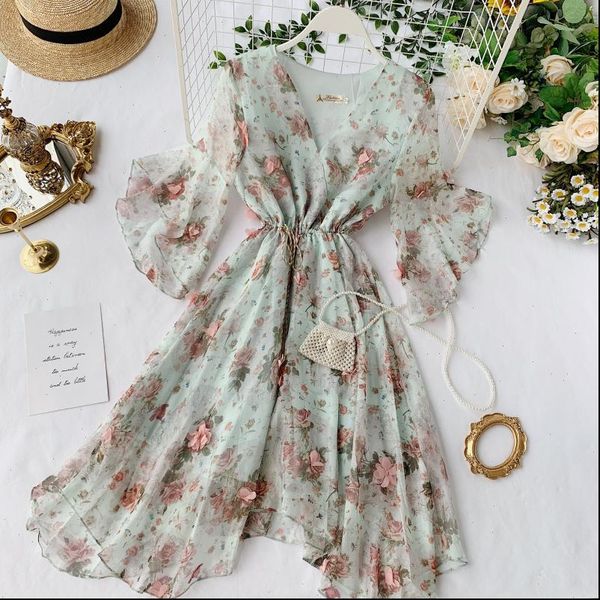 women dress chiffon summer v neck flare sleeve floral sweet tulle elegant ladies irregularity robe, Black;gray
women dress chiffon summer v neck flare sleeve floral sweet tulle elegant ladies irregularity robe, Black;gray