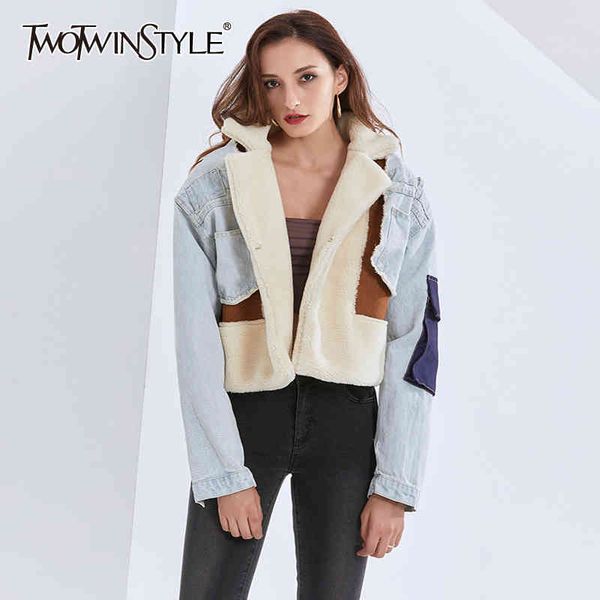 twotwinstyle streetwear patchwork jacket for women notched long sleeves lambswool warm thick denim cotas female winter new 210428, Black;brown
twotwinstyle streetwear patchwork jacket for women notched long sleeves lambswool warm thick denim cotas female winter new 210428, Black;brown