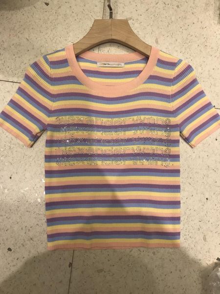 Net red same style 2021 spring and summer new hot drill letter Rainbow Stripe knitting slim top, White
Net red same style 2021 spring and summer new hot drill letter Rainbow Stripe knitting slim top, White
